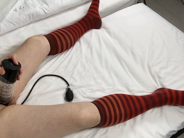 Fuck Machine, Infatable Butt Plug, Red Striped Burlington Knee-high-socks, Cumshot (High quality socks)