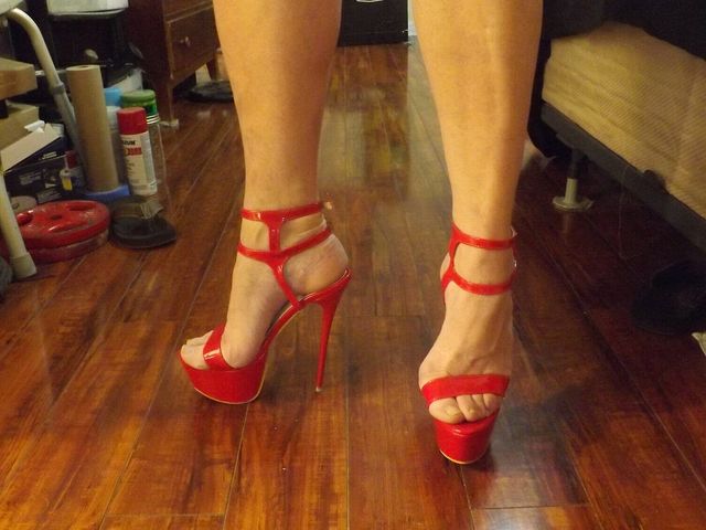 Red Fishnet Tights Are a Crossdresser's Delight. Stripper Shoes of Clear and I Have No Fear. (Legsistance)